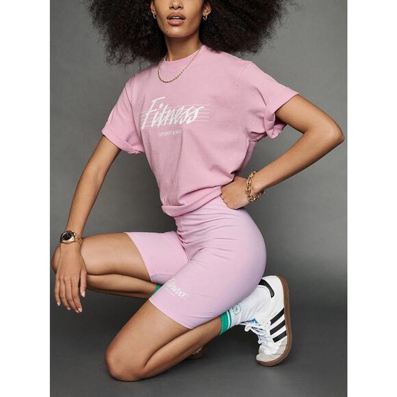 NWOT Sporty & Rich slogan-print jersey cycling shorts bubble gum pink size XS - Picture 1 of 5